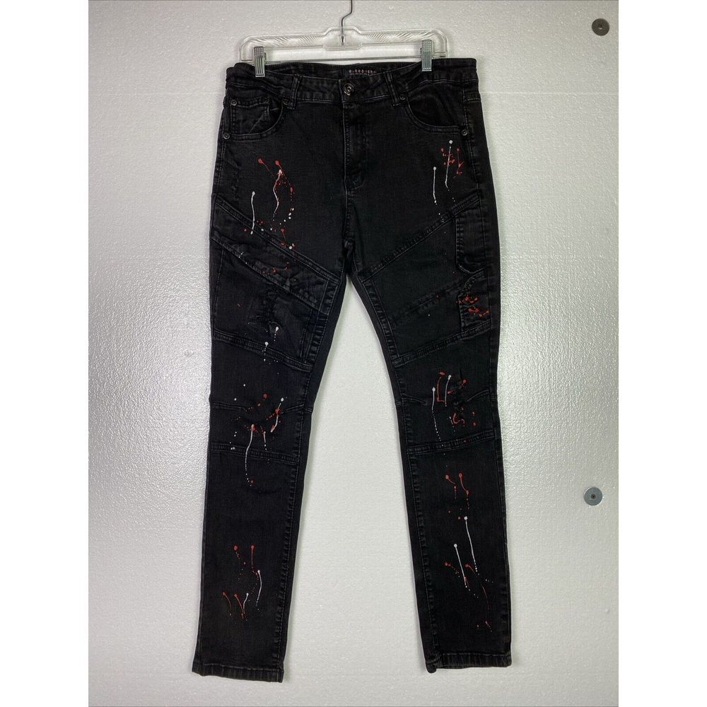 M. Society Mens Jeans 36X30 Black Paint splatter Skinny Stretch Denim distressed